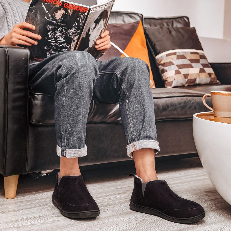 HomeTop Men's Bootie Slippers Comfy Warm Soft Non-slip Indoor Memory Foam House Shoes with Elastic Gores (12, Black) - Image 2